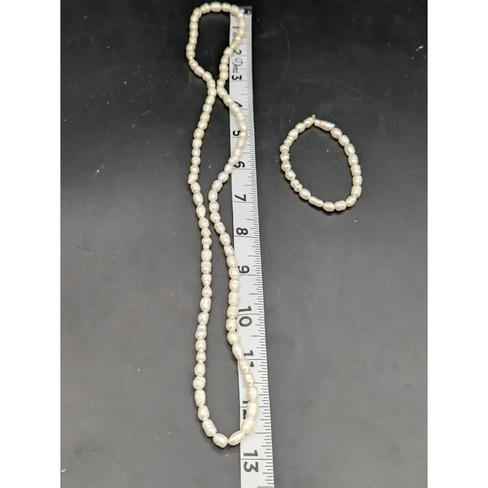 Vintage Genuine Freshwater Rice Pear Necklace & Stretch Bracelet Set 24